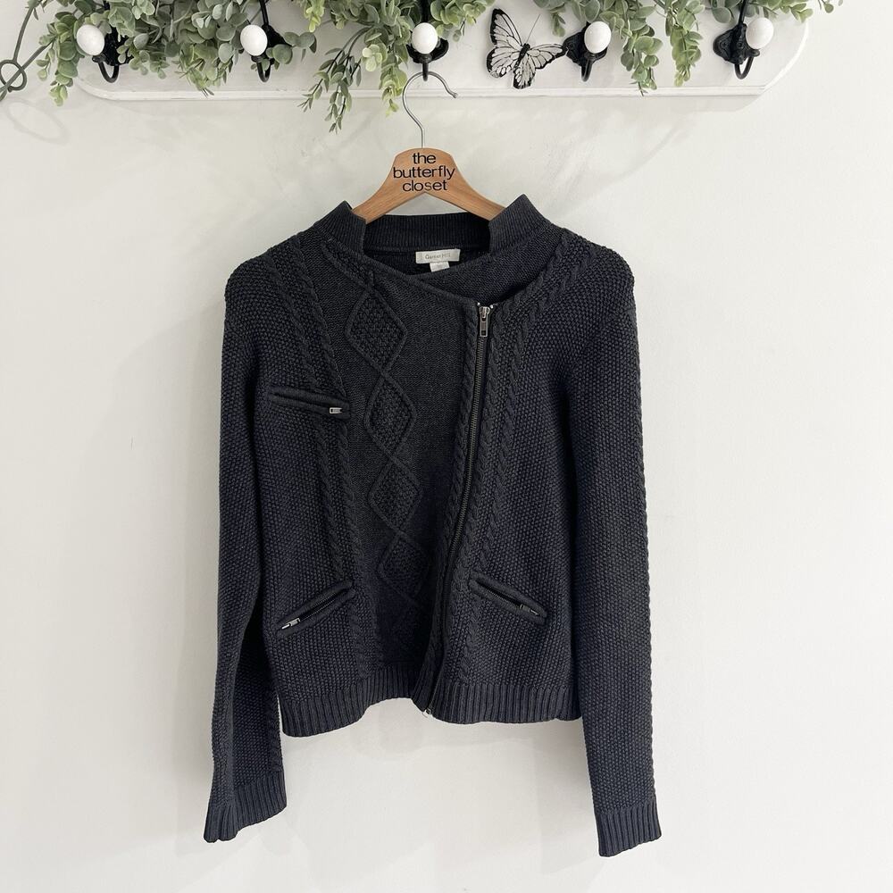 Garnet Hill Womens XS Cardigan Sweater Top Gray Cable Knit Cotton Zip 10-8080